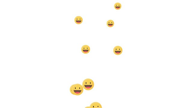 Flying laugh emoji particles moving across white background for social media reactions, live streaming and online interaction