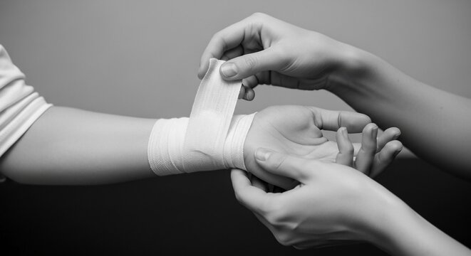 Black and white close-up of hands gently applying a medical bandage to a wrist for support and healing, representing care and treatment.
