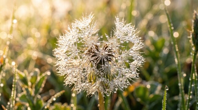 macro sparkling morning dew drops resting on delicate dandelion seeds