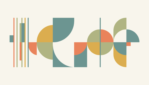Abstract mid century modern wall art print featuring geometric semi circles and vertical lines in pastel earthy tones.