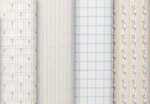 Editable seamless repeating watercolor pattern set with delicate botanical buds, pastel stripes and gingham checks for nursery, stationery, fabric, wallpaper and spring design