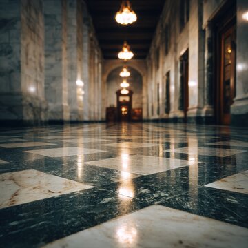 A grand marble hallway with polished checkered floors and glowing chandeliers leading to an old wooden door. Perfect for luxury interior design.