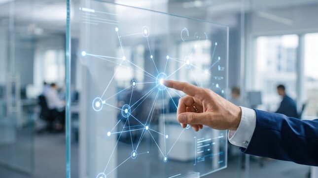Businessman hand touching futuristic transparent glass screen with network connection nodes, digital technology, global communication system, data connectivity visualization