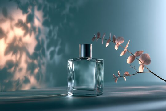 Elegant perfume bottle on a wooden surface with floral shadows and eucalyptus branch. Luxury cosmetic concept for beauty and wellness ads.