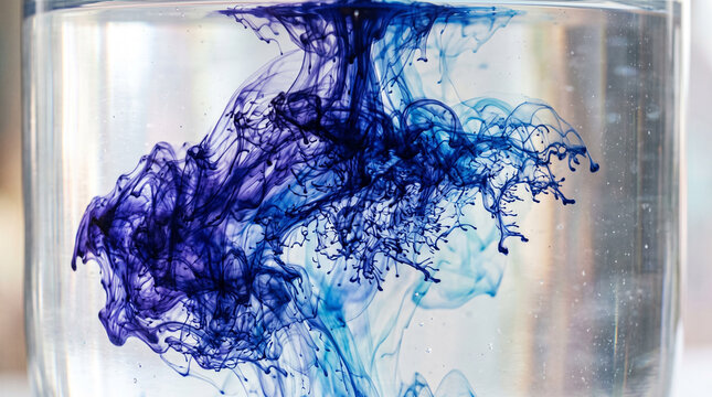 Indigo ink spreading in clear water. Abstract blue liquid cloud swirling in a glass.