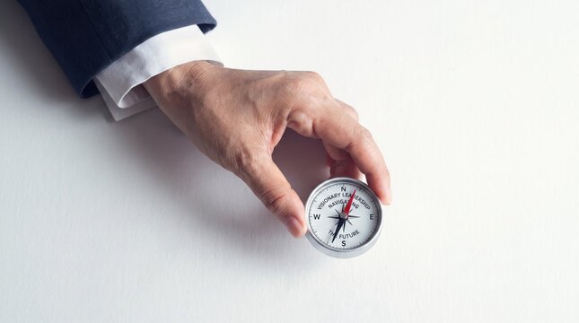 Hand holding a compass pointing towards the future and visionary leadership on white, finding direction, business navigation metaphor, guidance and orientation symbol