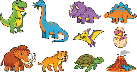 Cartoon Dinosaurs and Prehistoric Animals Set with a Volcano and Egg © Mstsharminakter