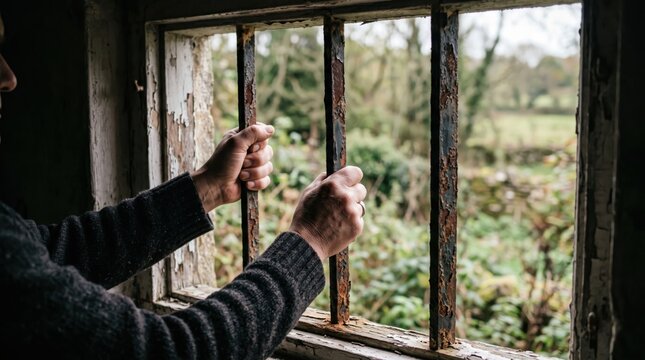 Man holding rusty iron bars of old window frame looking out at nature, symbolizing imprisonment, confinement, depression, mental health struggles, isolation, and feeling trapped