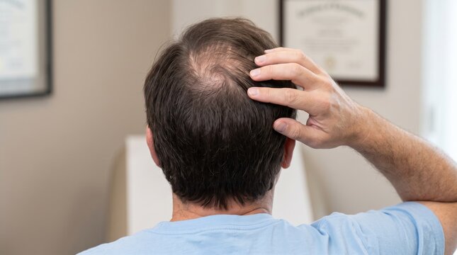 Man suffering from hair loss checking thinning hair on scalp, male pattern baldness, alopecia awareness, health and beauty concern, self examination, dermatology problem