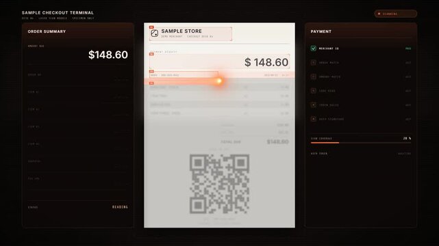 Checkout terminal scans a store receipt and approves payment after order summary fills