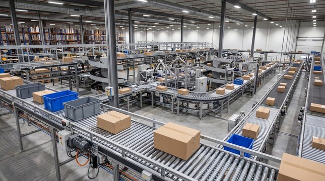 Cardboard boxes moving on a conveyor belt system inside a large modern industrial warehouse and distribution center