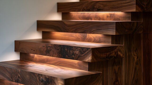 Modern wooden staircase with integrated LED lighting.