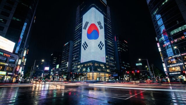 Cityscape - South Korea flag displayed on a modern building in Seoul at night