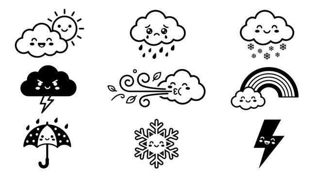 A delightful collection of black and white weather icons includes a sunny day rainy cloud snowy conditions wind rainbow and lightning bolts