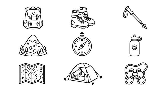 A set of outdoor adventure line icons depicting hiking gear mountains a compass for navigation and essential camping equipment for exploration