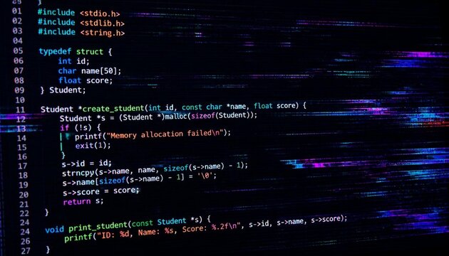 Digital data stream displaying programming code on a screen with glitch effect