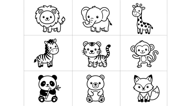 Adorable black and white cartoon illustrations showcase nine distinct wild animals arranged neatly in a repeating grid pattern design for backgrounds