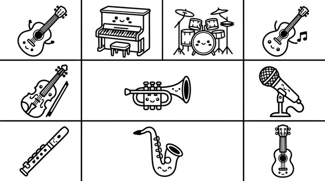 A delightful black and white assortment of various musical instruments like guitars pianos drums and other options on a plain white backdrop
