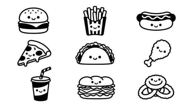 Charming black and white cartoon illustrations of popular fast food items with cute faces isolated on a white background