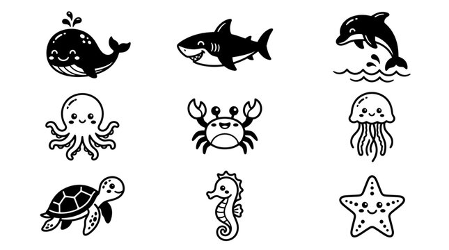 Adorable black and white icons depict a delightful collection of marine life including whales sharks dolphins octopuses crabs jellyfish turtles seahorses and