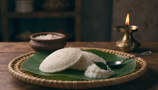 Traditional south Indian breakfast idle served with coconut chutney on a banana leaf and rattan plate with a lit diya lamp.