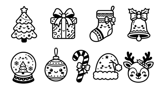 Beautiful black and white line art illustrations of traditional christmas elements are ideal for creating holiday designs and festive seasonal projects