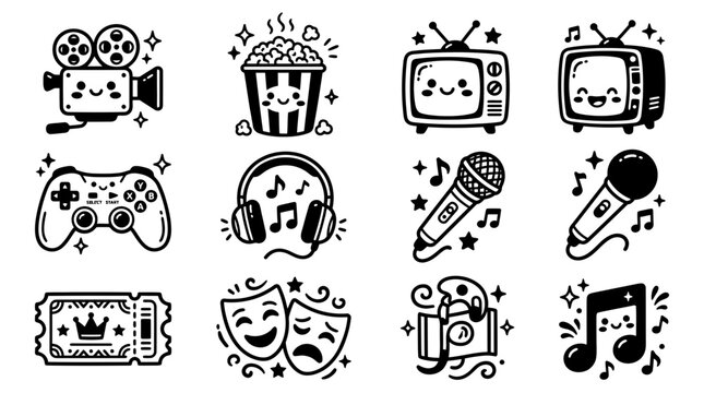 Adorable black and white doodle style illustrations depicting a variety of entertainment objects and elements set against a simple clean white backdrop