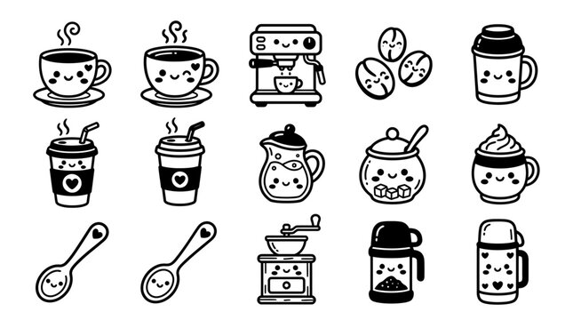 Adorable kawaii coffee set including a delightful assortment of hot drinks and related brewing tools in a minimalist black and white design