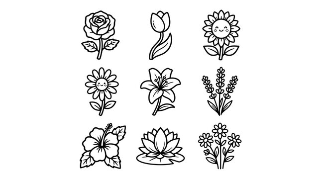 Beautiful black and white floral collection with detailed line art illustrations of roses tulips sunflowers lilies and hibiscus flowers displayed elegantly
