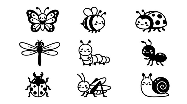 A delightful and charming collection of adorable cartoon insects features butterflies bees ladybugs dragonflies a friendly snail and other cute bug friends