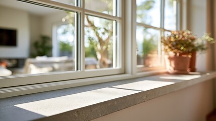 Fototapeta premium Sunlit window sill with a potted plant in a cozy home interior.