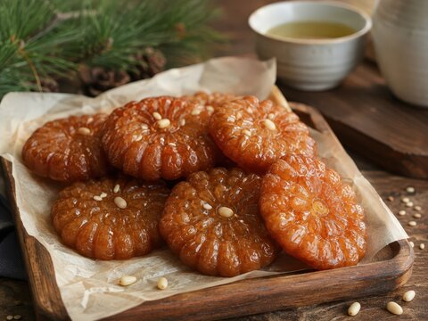Yakgwa tradicional coreano, galletas de miel brillantes con forma de flor