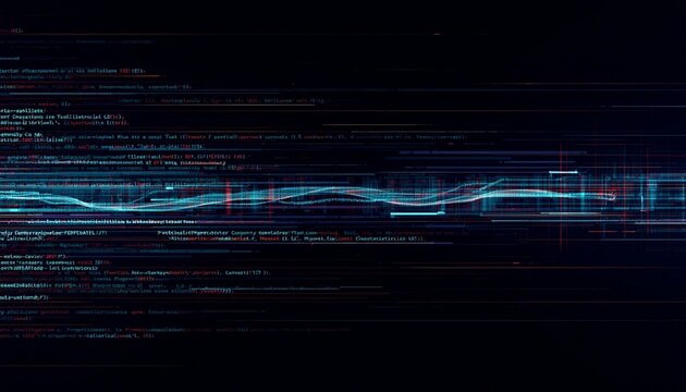 Digital data stream displaying programming code on a screen with glitch effect