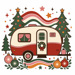 Naklejka premium Retro Christmas camper illustration with pine trees and festive ornaments in a flat vector style.