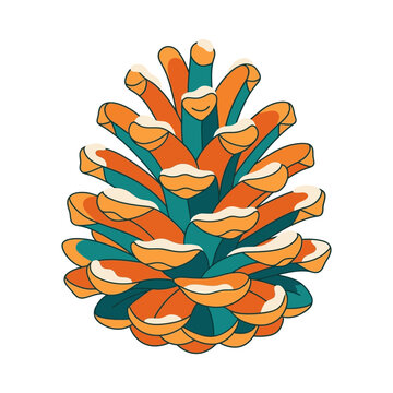 Stylized flat vector illustration of a pine cone with snow accents.