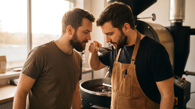 Two men inspect freshly roasted coffee beans in a workshop