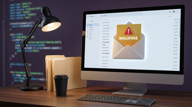Spam malware computer email warning cybersecurity desktop monitor inbox attack spam. hacker phishing scam attack. cyberspace online electronic mail, virus threat alert warning, security protection