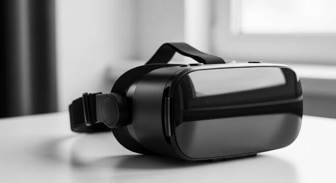 Close-up black and white of a virtual reality headset resting on a table, showcasing its intricate design and technological advancements.