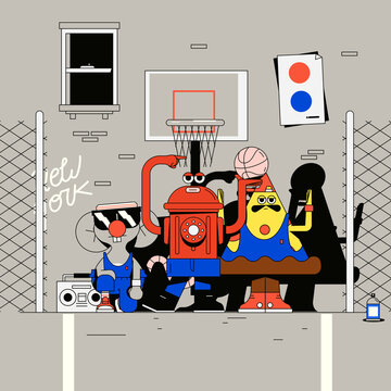 Quirky New York Street Characters on Basketball Court &ndash; Urban Vector Illustration