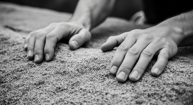 Close-up monochrome macro photograph of human hands gripping and pressing into textured sand, highlighting a sense of struggle.