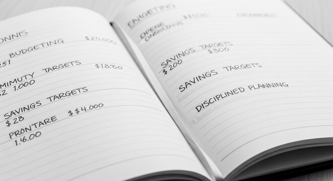 Close-up of an open budgeting journal with handwritten financial savings and planning entries.