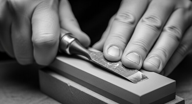 Close-up of artisan hands precisely sharpening a chisel on a stone, showcasing meticulous craftsmanship and tool maintenance.