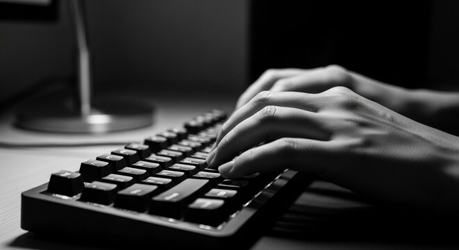 Close-up of hands typing on a black keyboard in a dark, high-contrast setting
