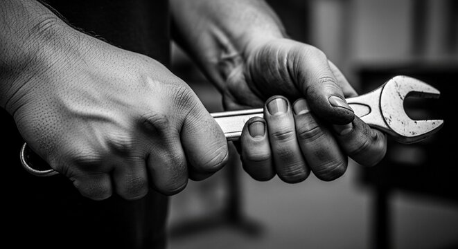 Close-up of skilled hands holding a metal tool in a monochrome industrial setting