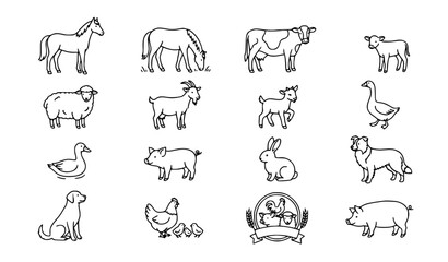 Fototapeta premium Farm Animals Line Art Vector Set Horse Cow Sheep Goat Goose Pig Rabbit Dog Outline Illustration Collection