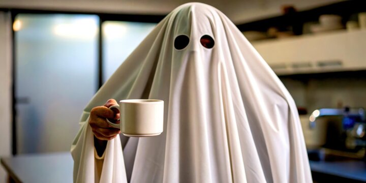 Cinematic ghost Halloween costume in office concept. Person dressed as a ghost holding a cup in a kitchen, blending spooky costume with a casual moment.