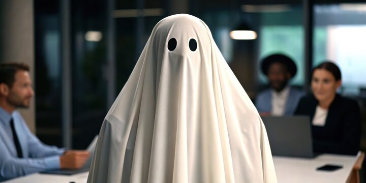 Cinematic ghost Halloween costume in office concept. Person dressed as a ghost with a white sheet over them in a business meeting room with colleagues around a table.