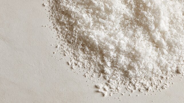 White coarse salt pile texture background close up top view food spice