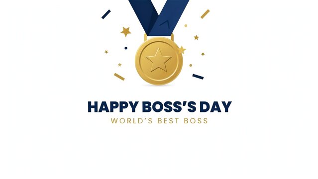 Happy Boss's Day greeting card, world's best boss gold medal award, professional celebration banner with confetti