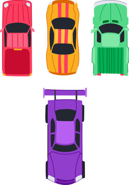 Four different styles of colorful cartoon automobiles, including a pickup truck, a sports car, and a race car, displayed from a top down perspective on a clean white background